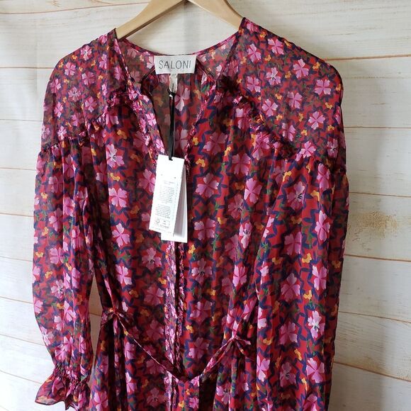 Saloni Pixie Silk Chiffon Floral Print Ruffled Mini Dress Size 6 Pink Red - Picture 6 of 16